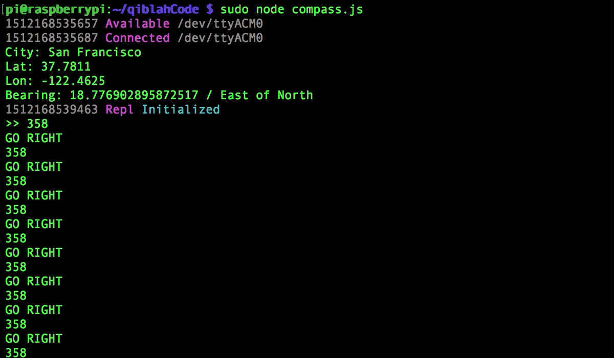 Compass software running on Raspberry Pi. City: San Francisco. Bearing: 18.77° East of North.