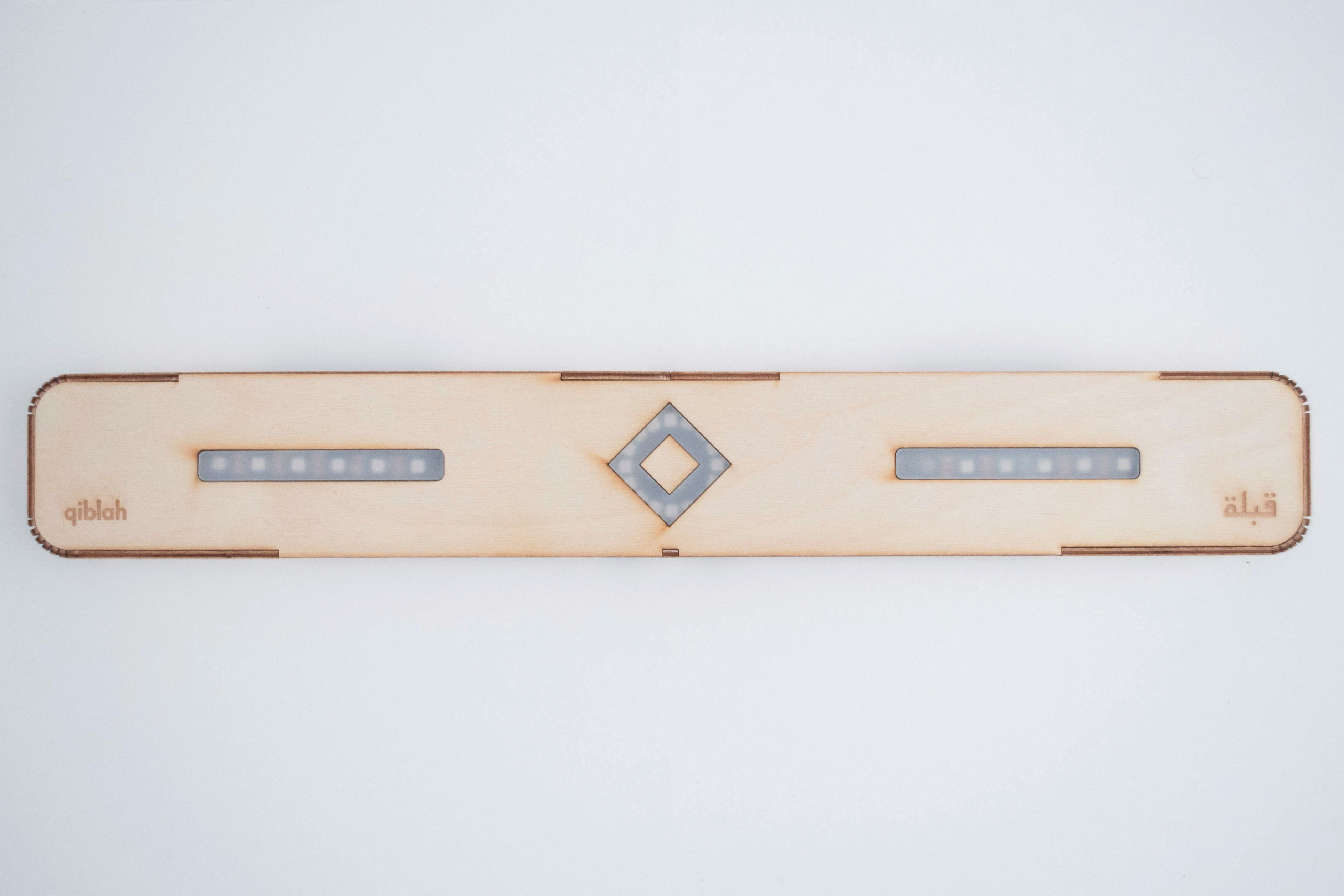 Qiblah prototype. Laser-cut wood, acrylic, LED strips, compass, Raspberry Pi, Arduino.