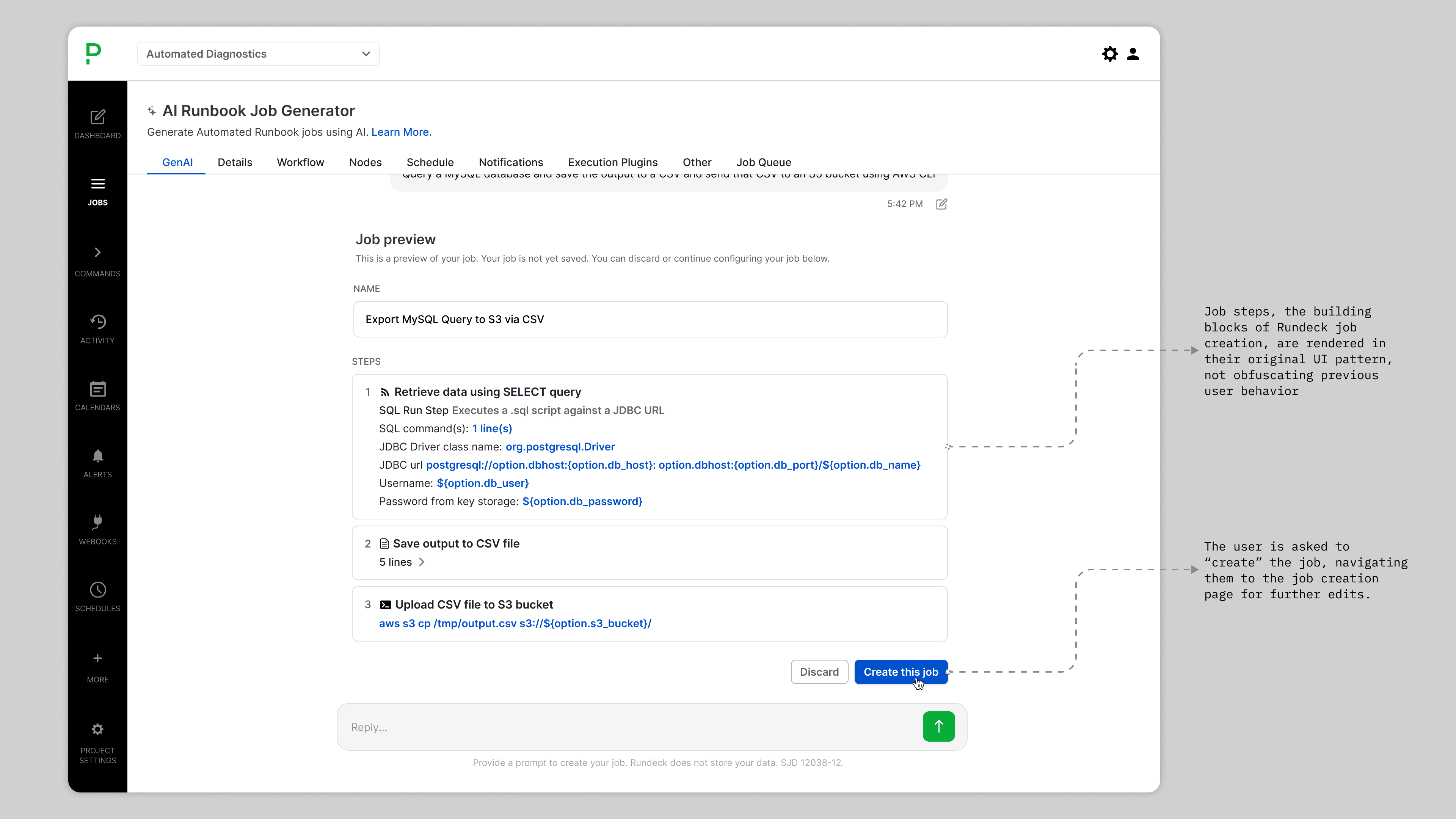 Generated job preview showing "Export MySQL Query to S3 as CSV" broken into three numbered steps — SQL query, CSV export, and S3 upload — rendered in Rundeck's native step UI with a "Create this job" CTA.
