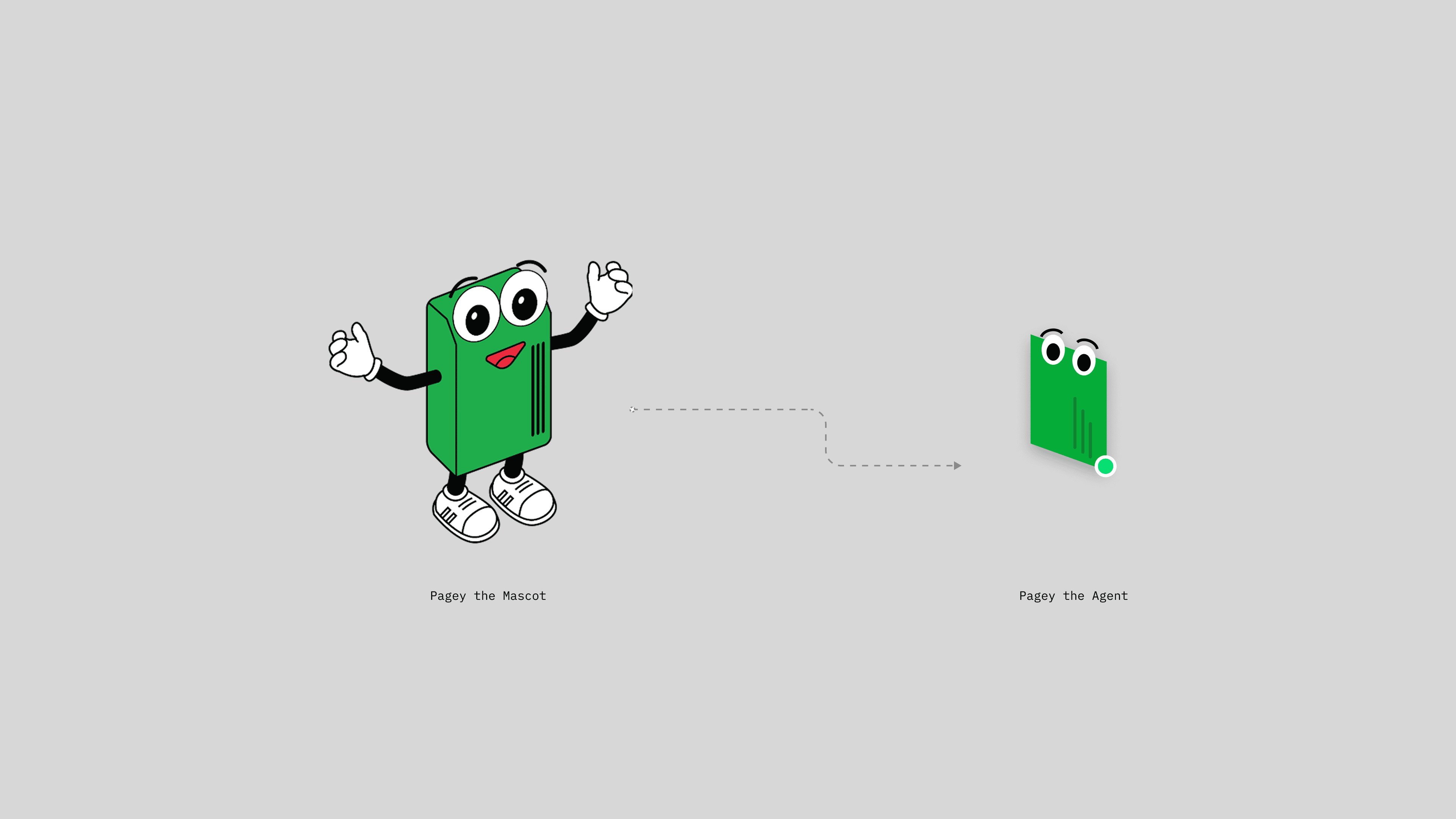 Character evolution from Pagey the Mascot — PagerDuty's full-body illustrated brand character — to Pagey the Agent: a minimal, compact form with a green presence dot used as the idle-state avatar inside the panel.