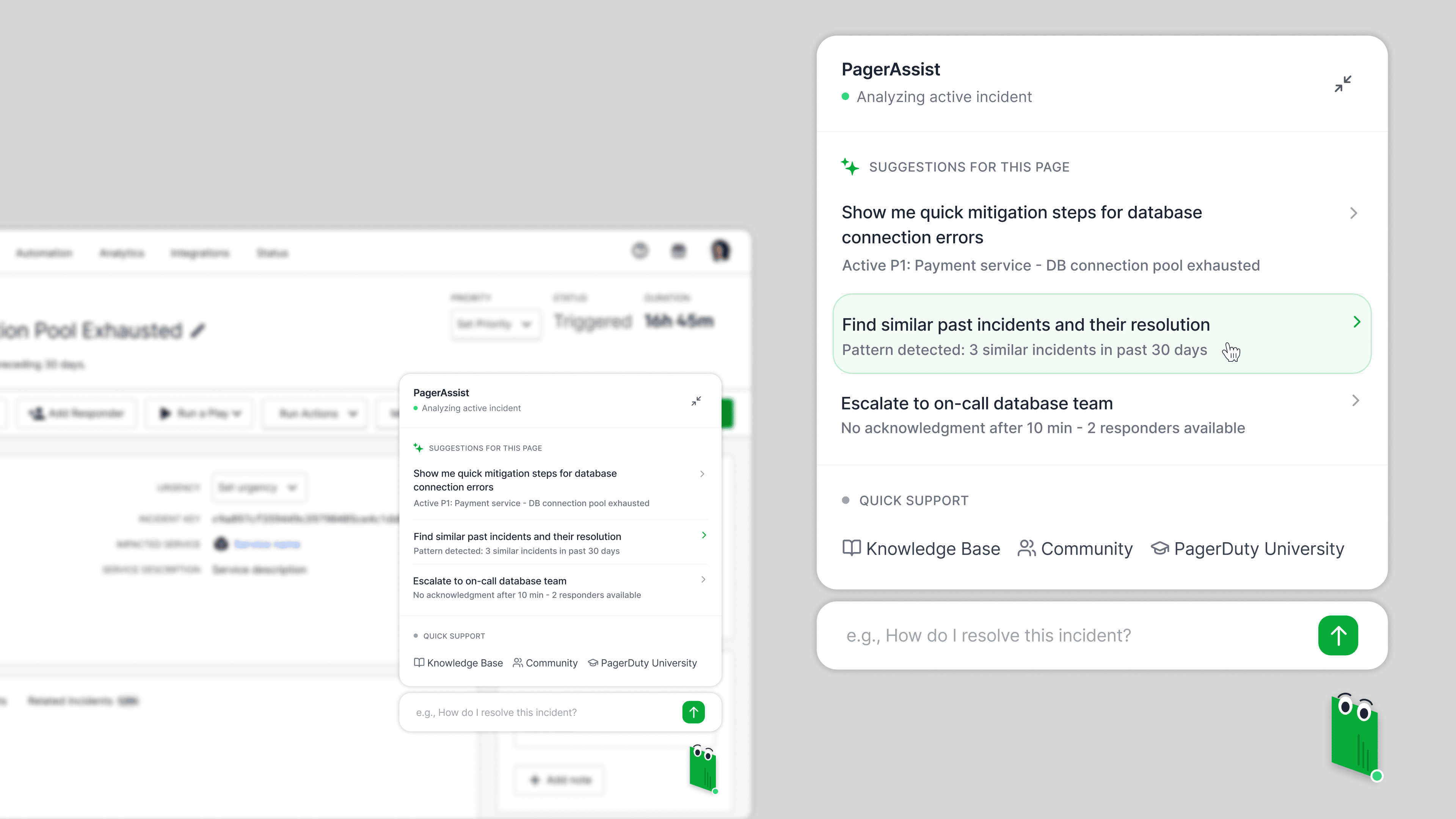 PagerAssist open on a "DB Connection Pool Exhausted" incident, surfacing three ranked suggestions: mitigation steps, similar past incidents matching a pattern of 3 in the last 30 days, and on-call team escalation.