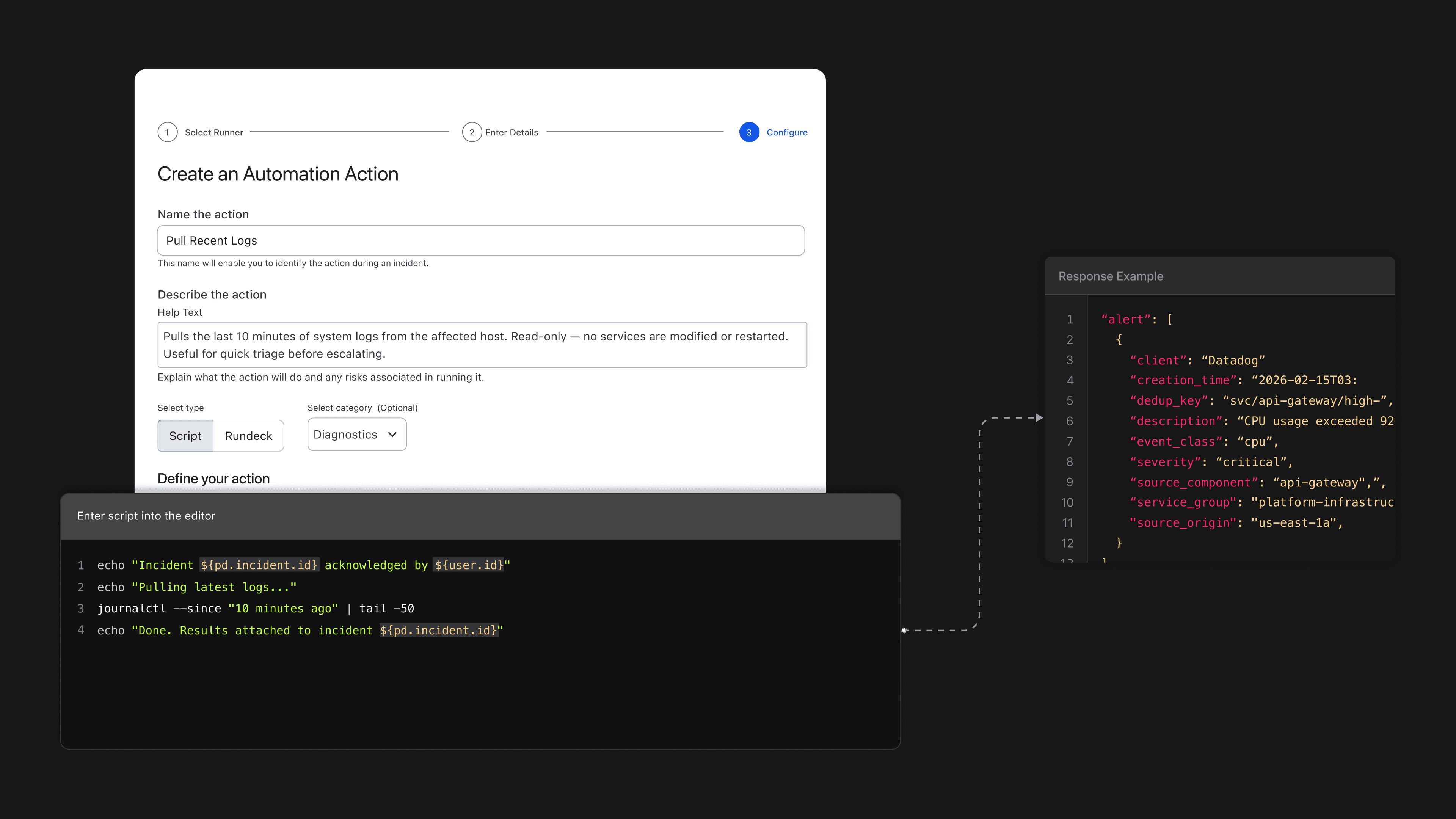 The before state — the script editor limited to two hardcoded variables, with the full alert payload visible alongside but completely unreachable from the script.