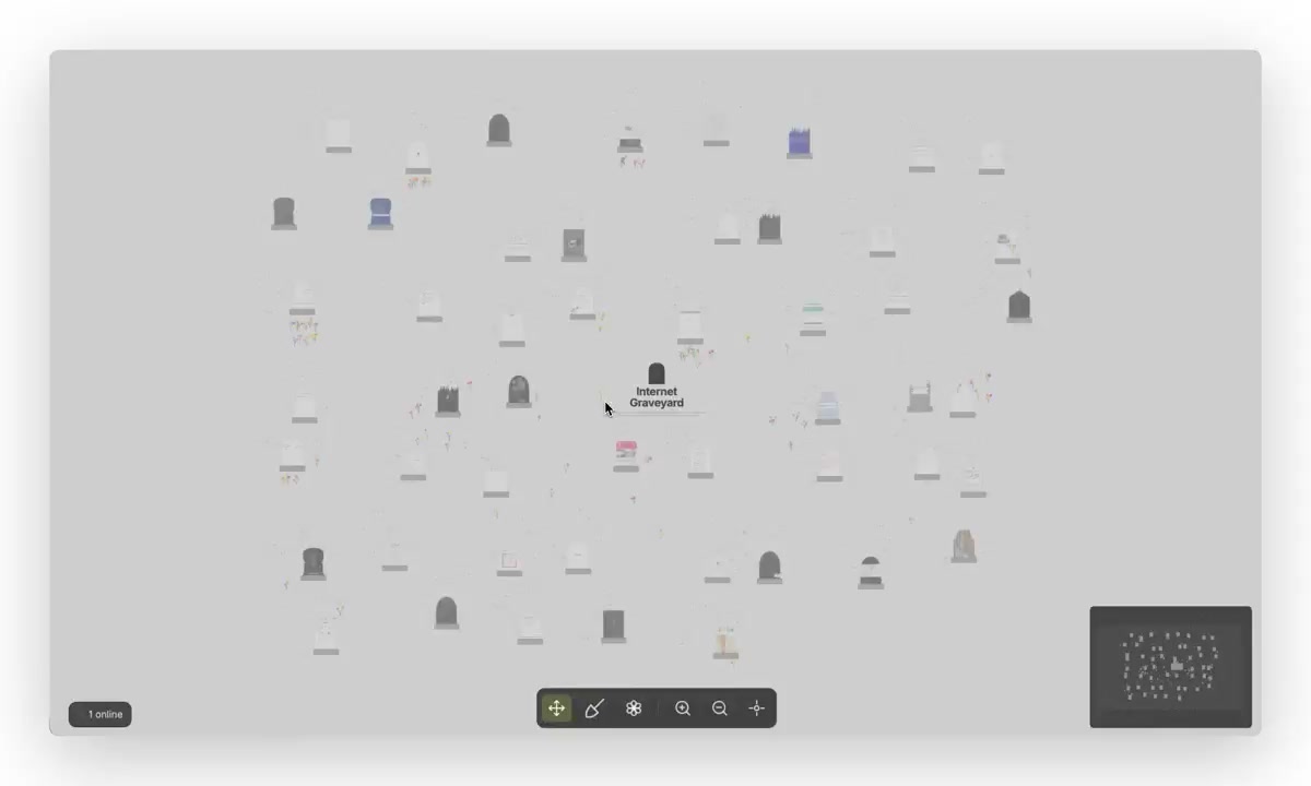 Internet Graveyard overview. Dozens of tombstones scattered across a grey field around a central Internet Graveyard marker, with a minimap and a tool bar for moving, burying, and leaving flowers.