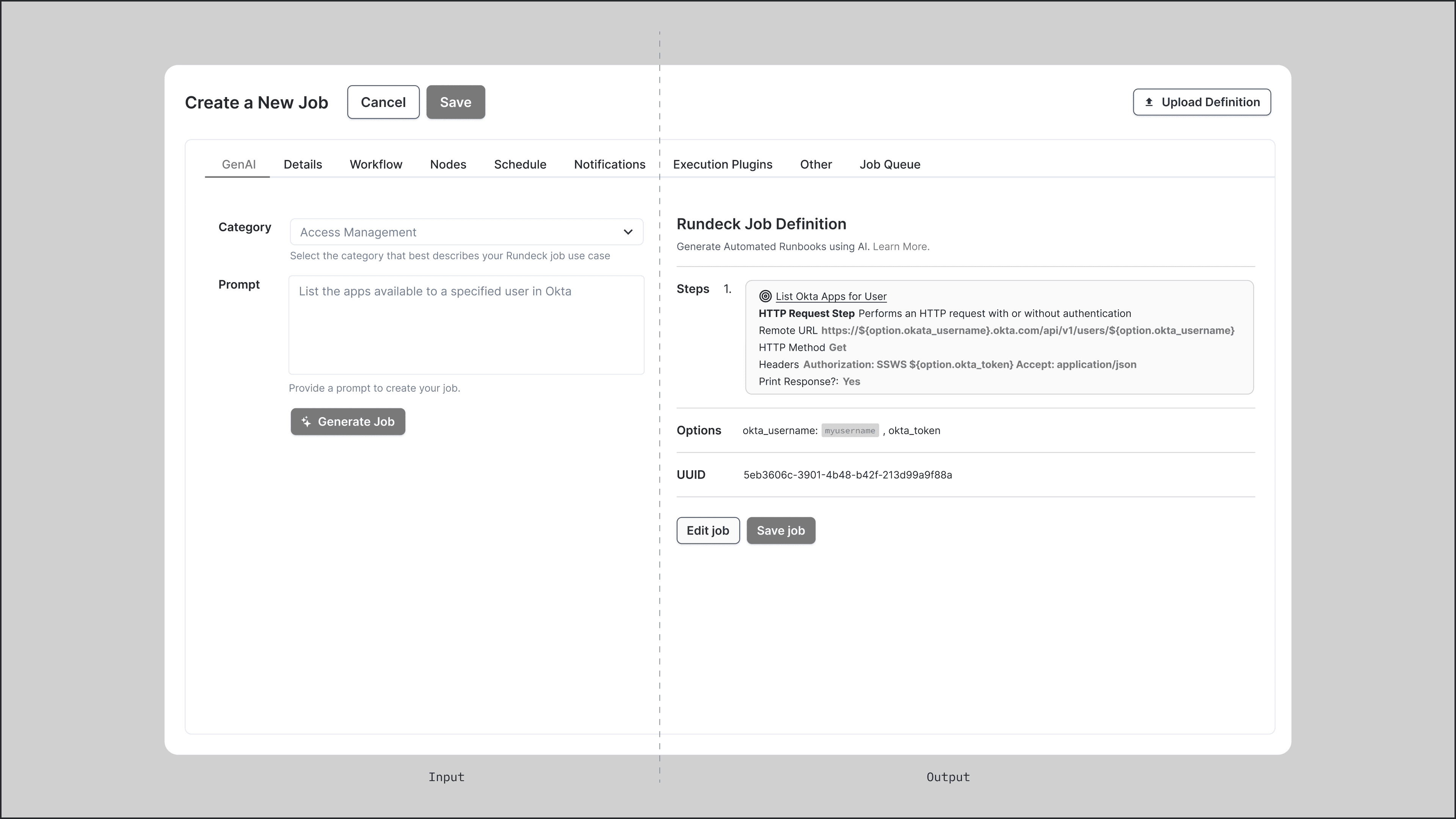 Early split-panel exploration with a category dropdown and prompt field on the left, and the generated Rundeck job definition with steps, options, and UUID on the right.