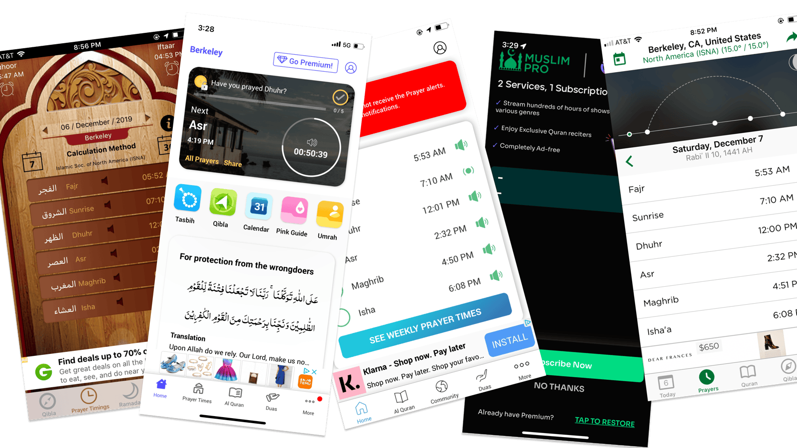 A survey of the most popular prayer apps showing cluttered interfaces, aggressive upsell prompts, and countdown-focused timers that treat prayer as a task to be checked off.
