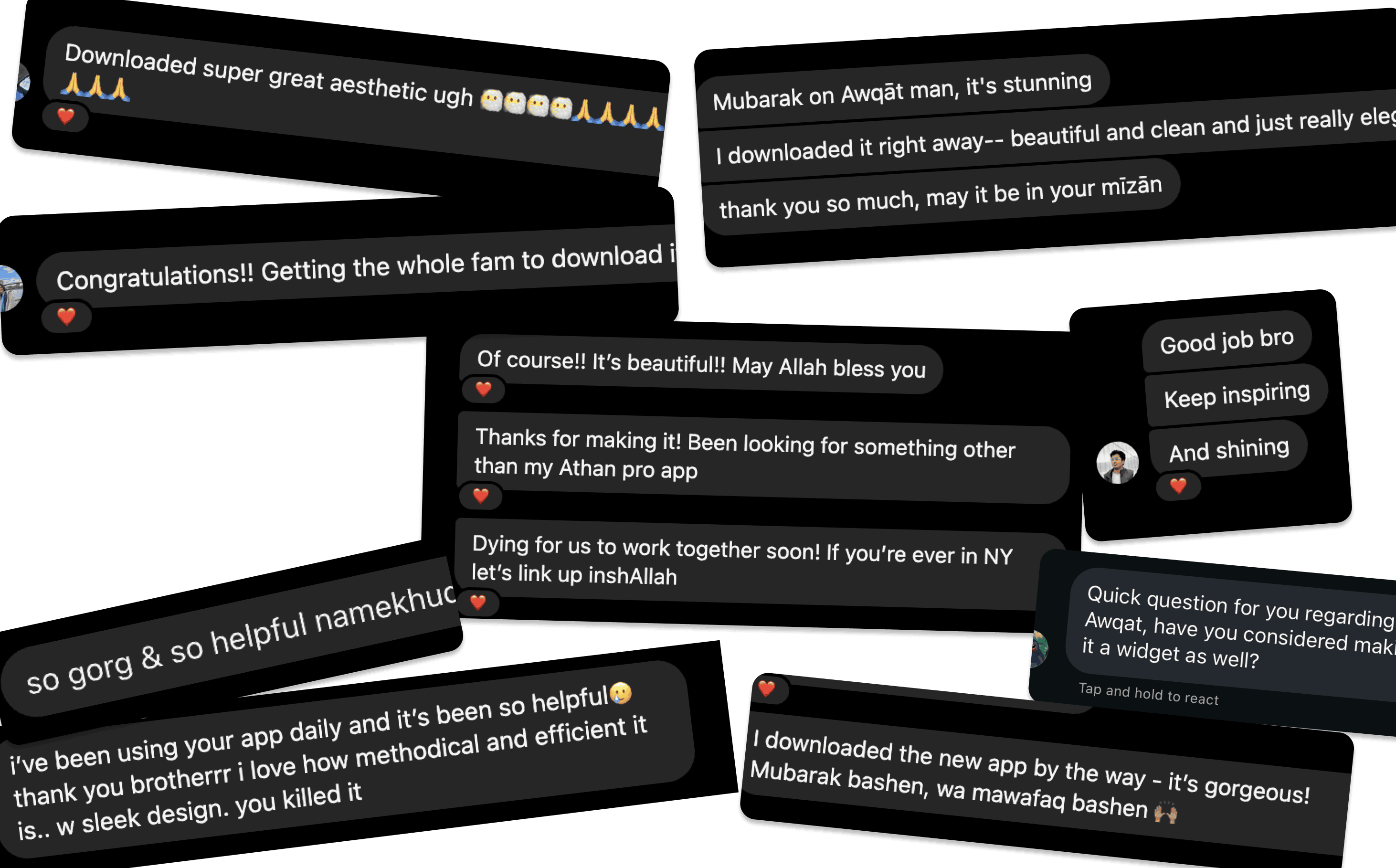 A collage of direct messages after launch — users calling it "stunning," "gorgeous," "beautiful and clean," and "so helpful," with reactions in Arabic and English from across the world.