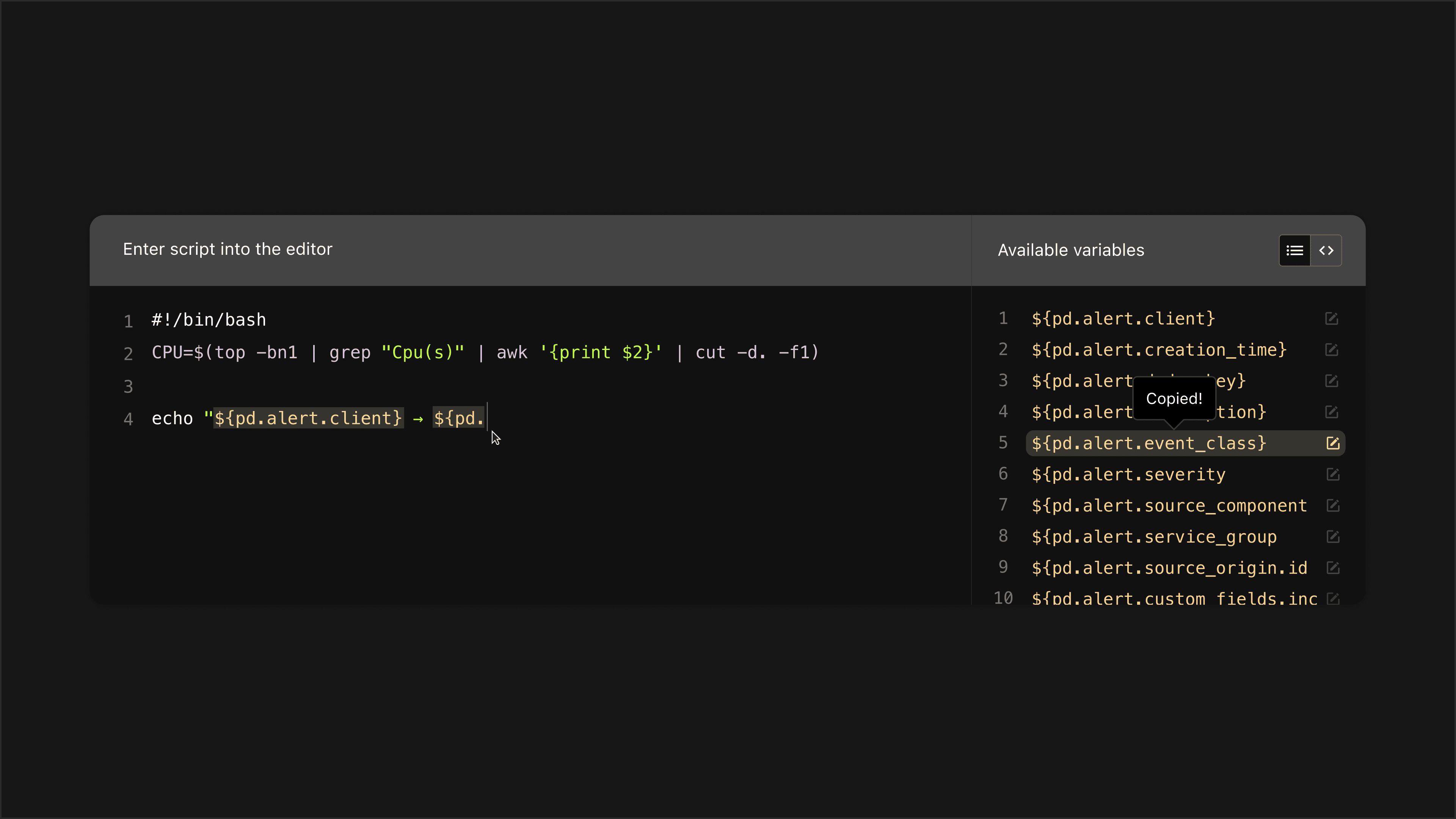 Automation Action script editor with available context variables