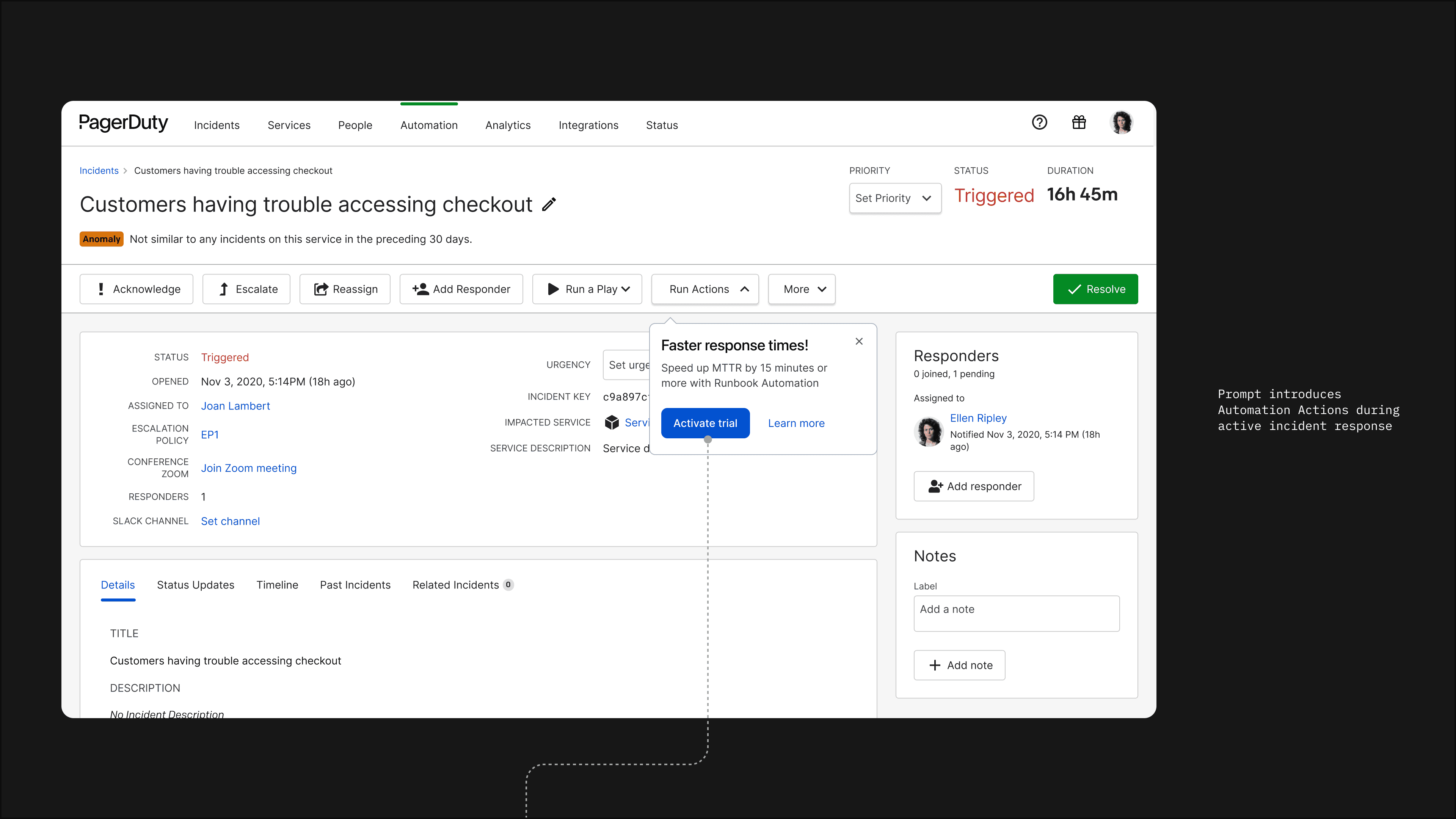 Trial discovery inside an active incident — "Run Actions" surfaces a tooltip introducing Automation Actions with "Activate trial" and "Learn more" CTAs at the exact moment a user would want it.