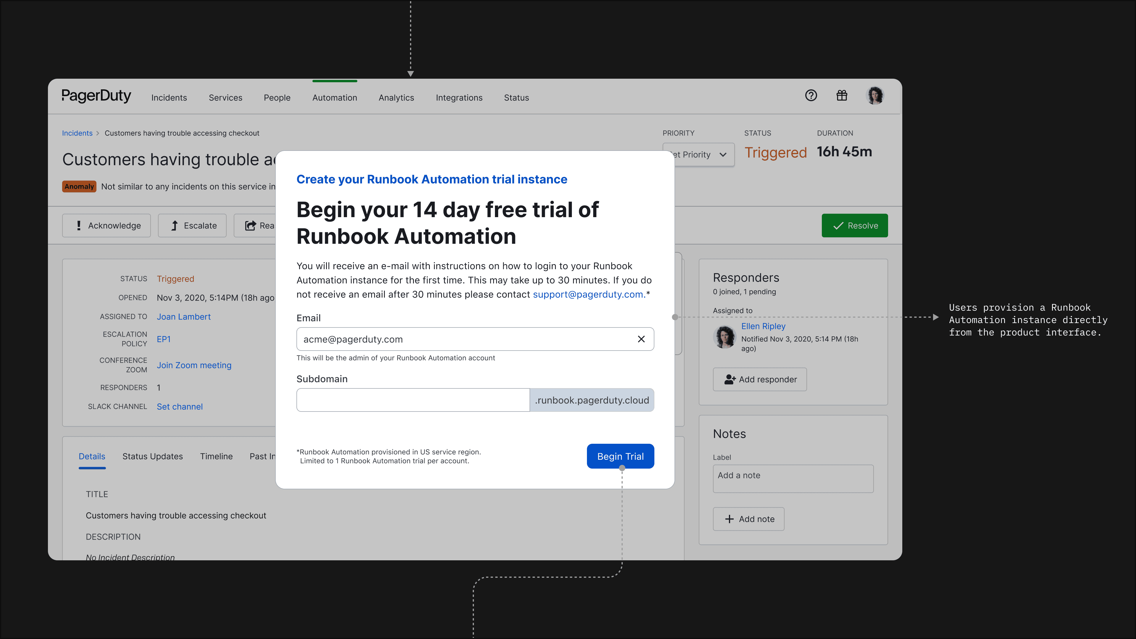 Runbook Automation provisioning modal where admins enter their email and subdomain to spin up a 14-day trial instance directly from the product — no sales call required.