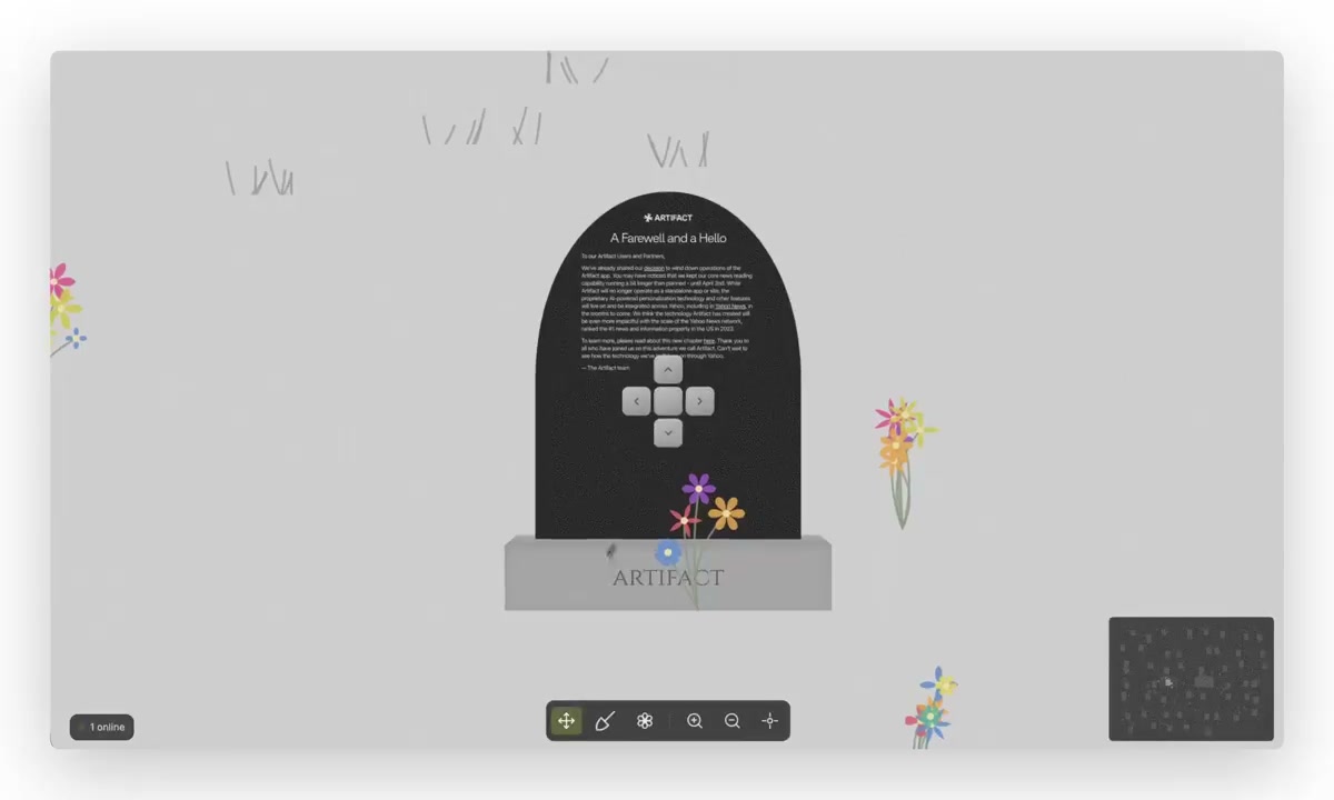Artifact's tombstone. Its farewell letter, A Farewell and a Hello, set on the face of the stone, with ARTIFACT carved into the base and flowers laid at its foot.