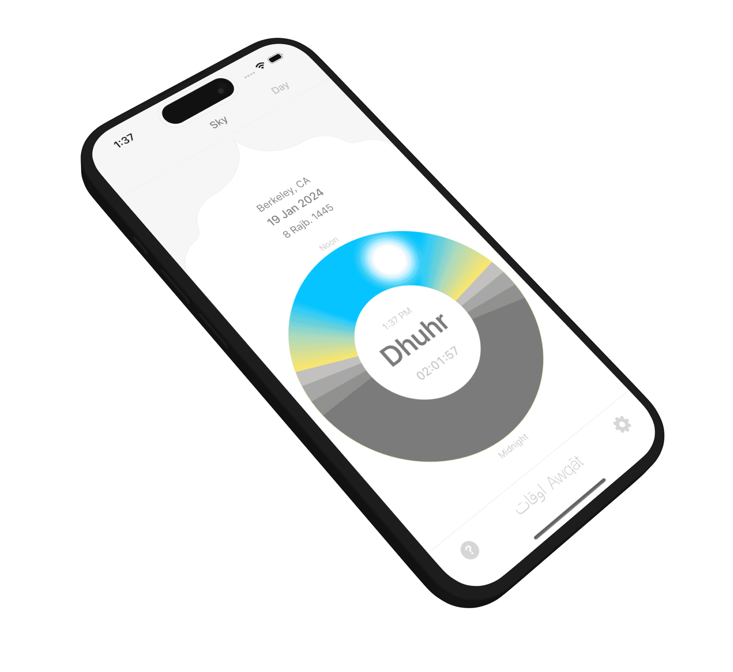Marketing render of the Sky view on a tilted iPhone, showing Dhuhr as the current prayer at 1:37 PM with the sun at its zenith in the gradient arc visualization.