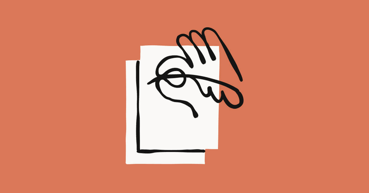 A single continuous black line drawing of a hand holding a sheet of paper, set on a clay background.