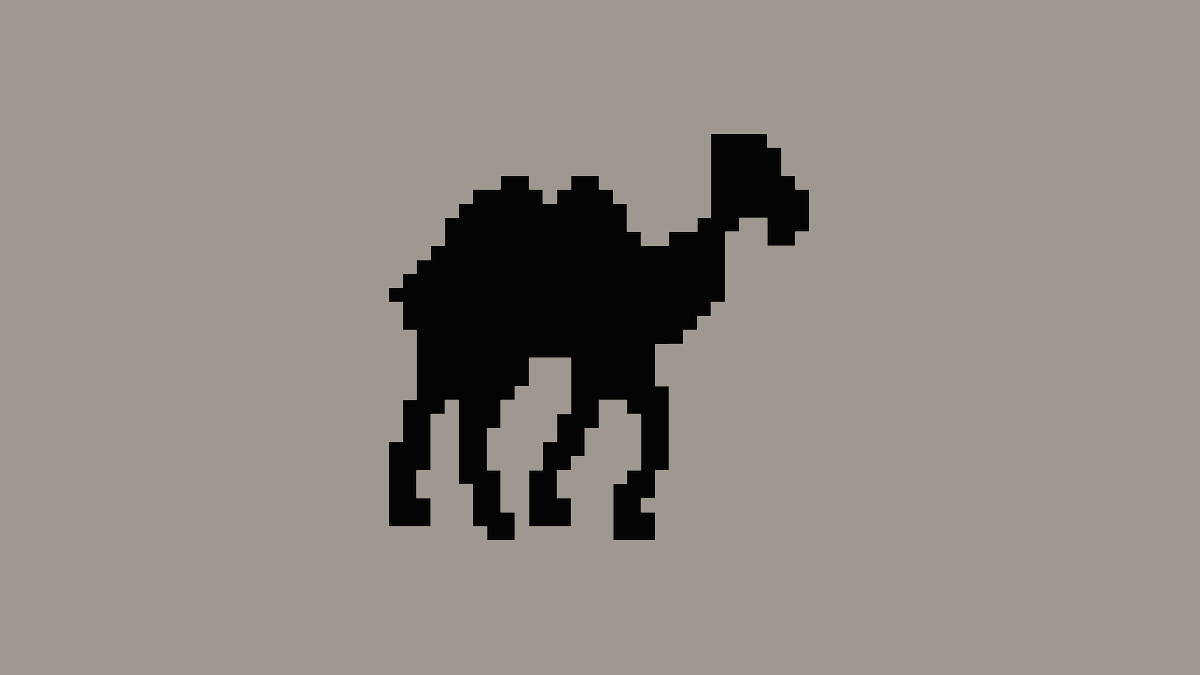 A pixelated camel walking in place, animated in black against CAMEL's brown ground.