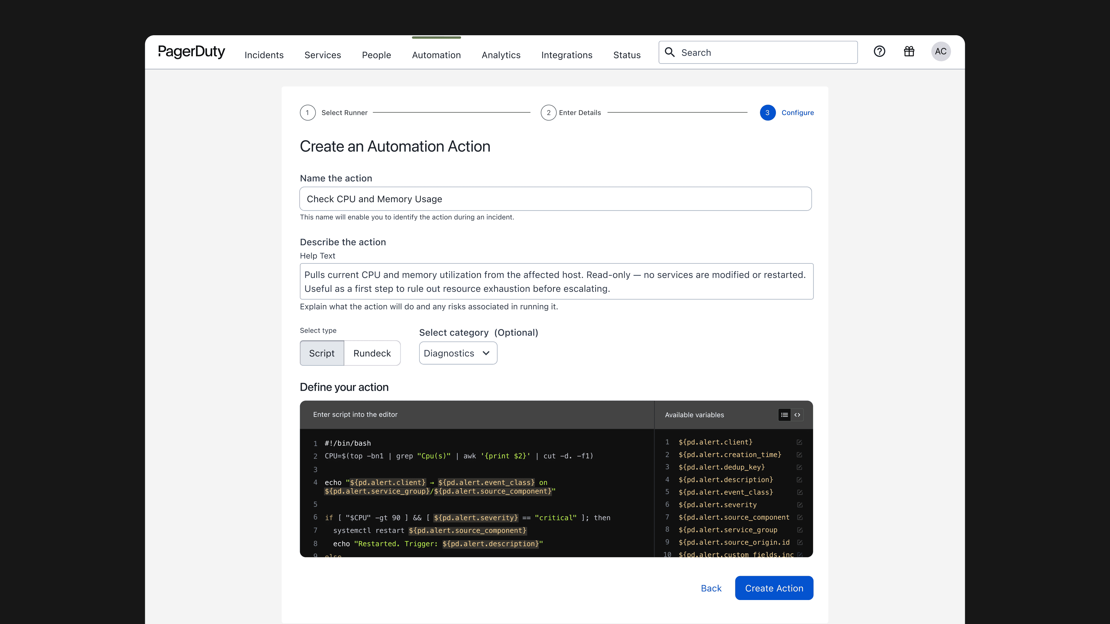 The finished "Create an Automation Action" page with the script editor, inline highlighted context variables, and the "Available variables" panel — all inside the existing three-step wizard.