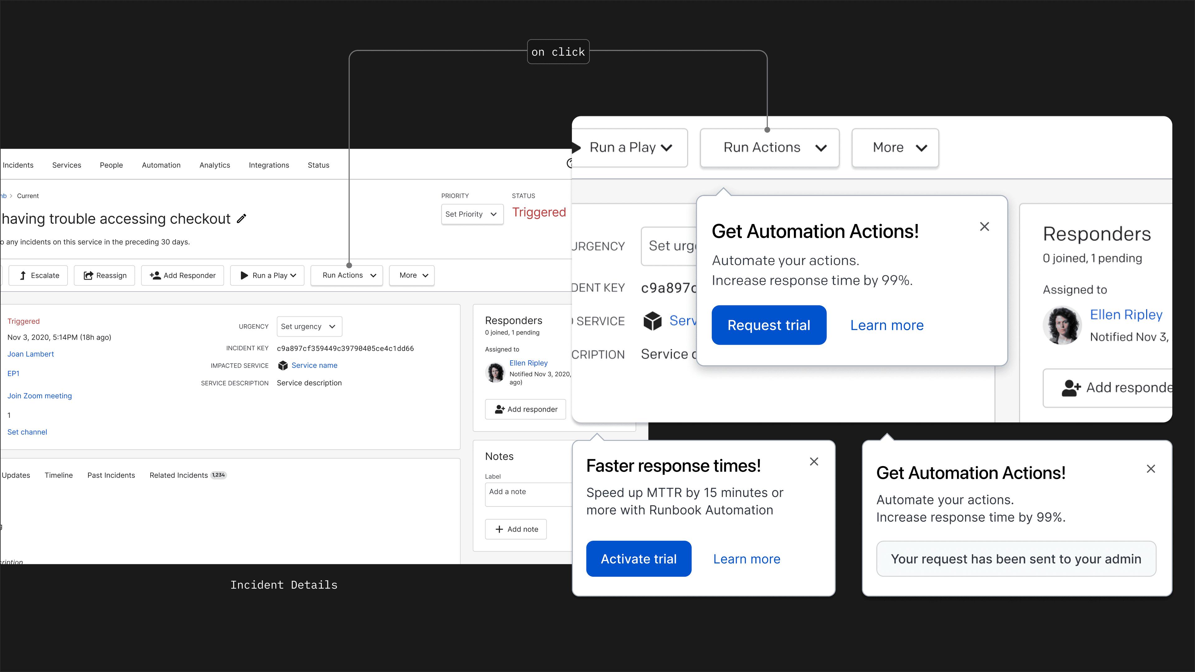 Run Action modal on the Incident Detail page with role-based CTAs — admins see "Activate trial," general users see "Request trial."
