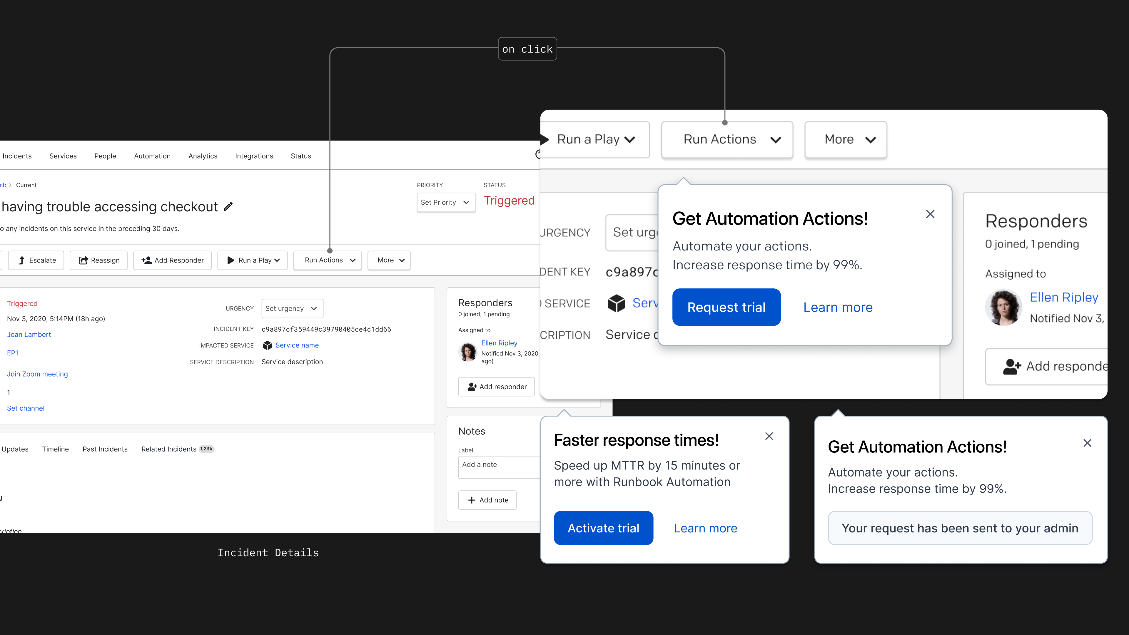 Run Action modal on the Incident Detail page — admins see "Activate trial," general users see "Request trial"