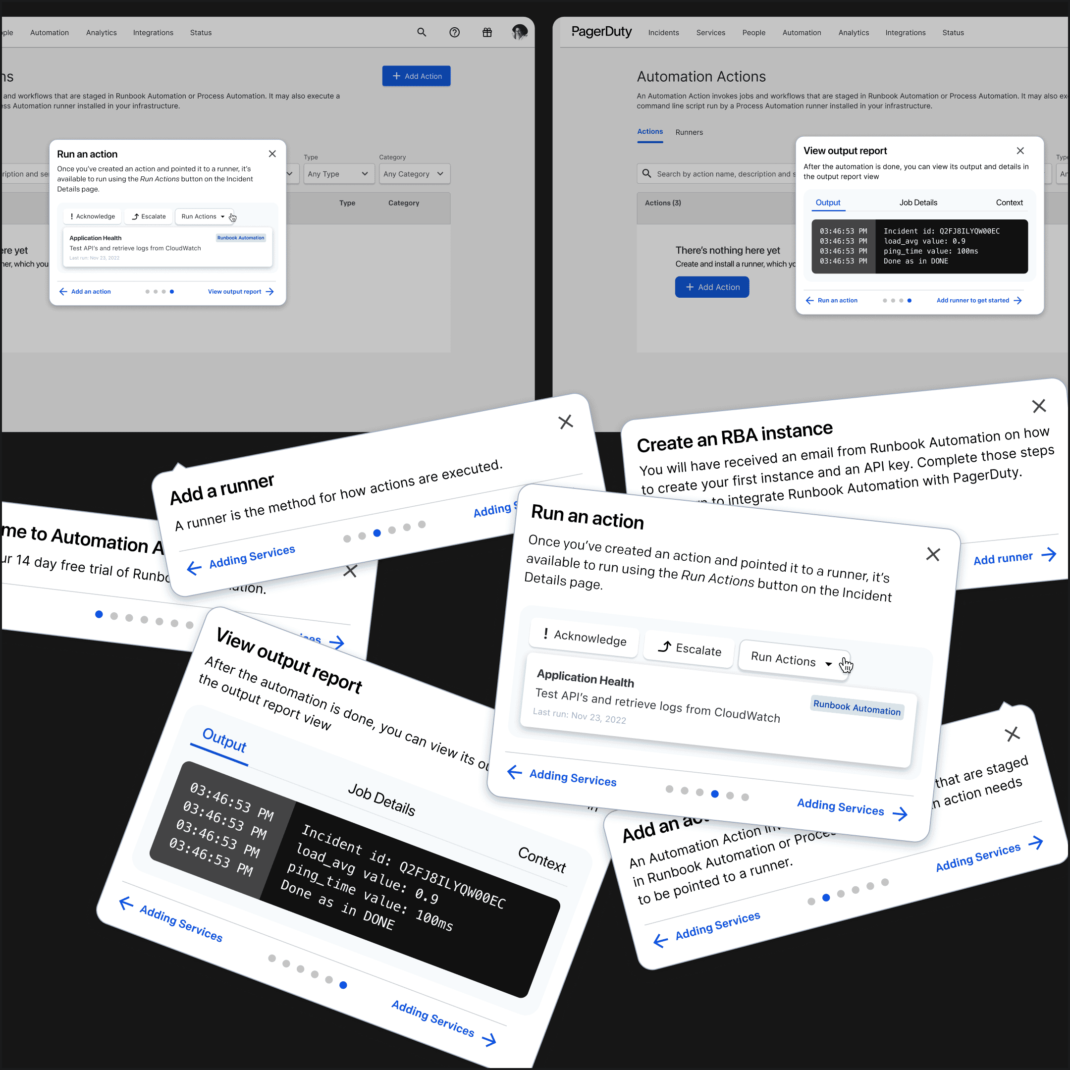 Multi-step Pendo onboarding guide walking trial users through runner setup, action creation, incident execution, and output report review.