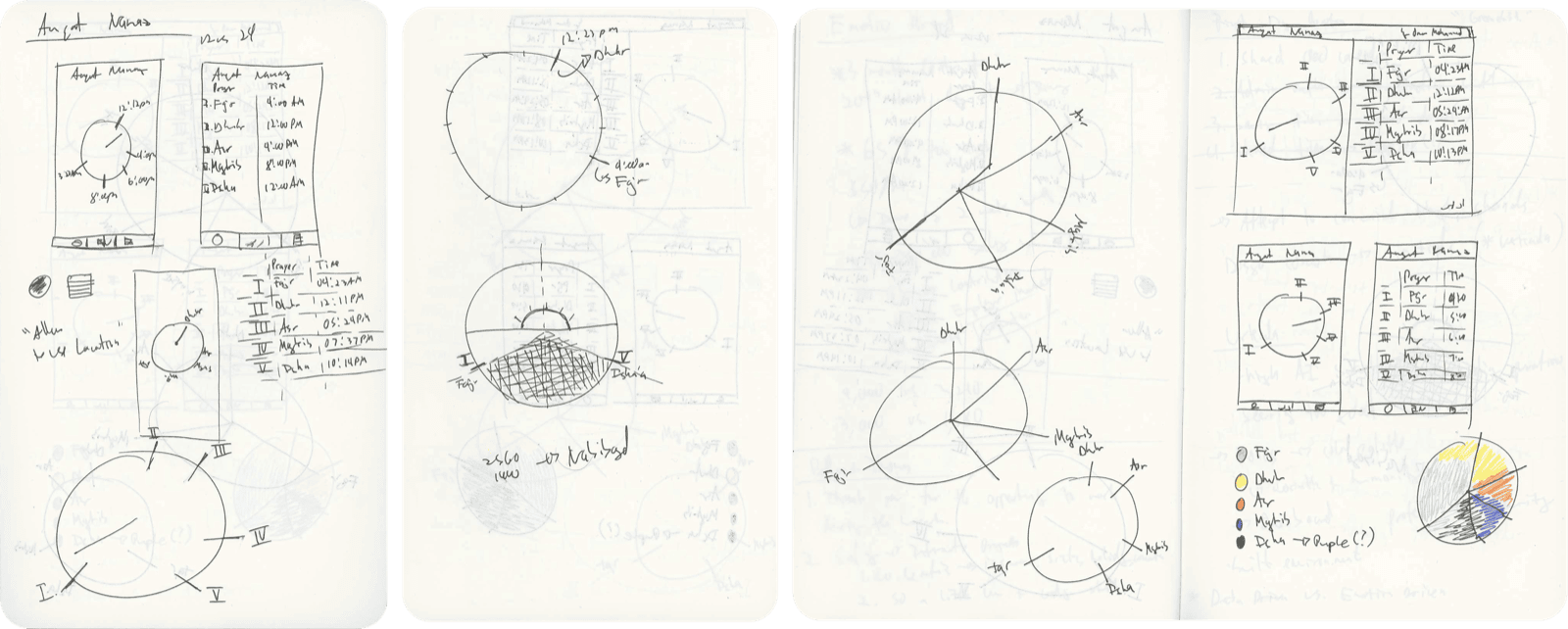 Four notebook pages of early hand-drawn explorations — circular sun-arc diagrams mapping the five prayer times to positions along the horizon, with rough UI layouts and annotation notes.