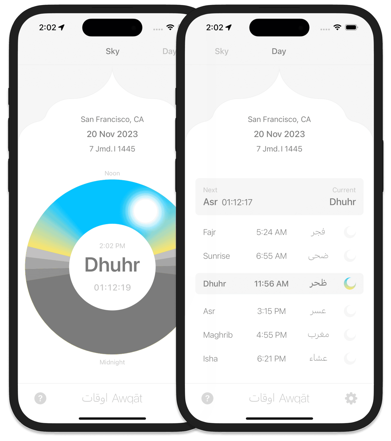 Side-by-side iPhone screenshots of the Sky and Day views — the circular arc visualization showing the sun's position and current prayer on the left, the full prayer time list with Arabic names on the right.