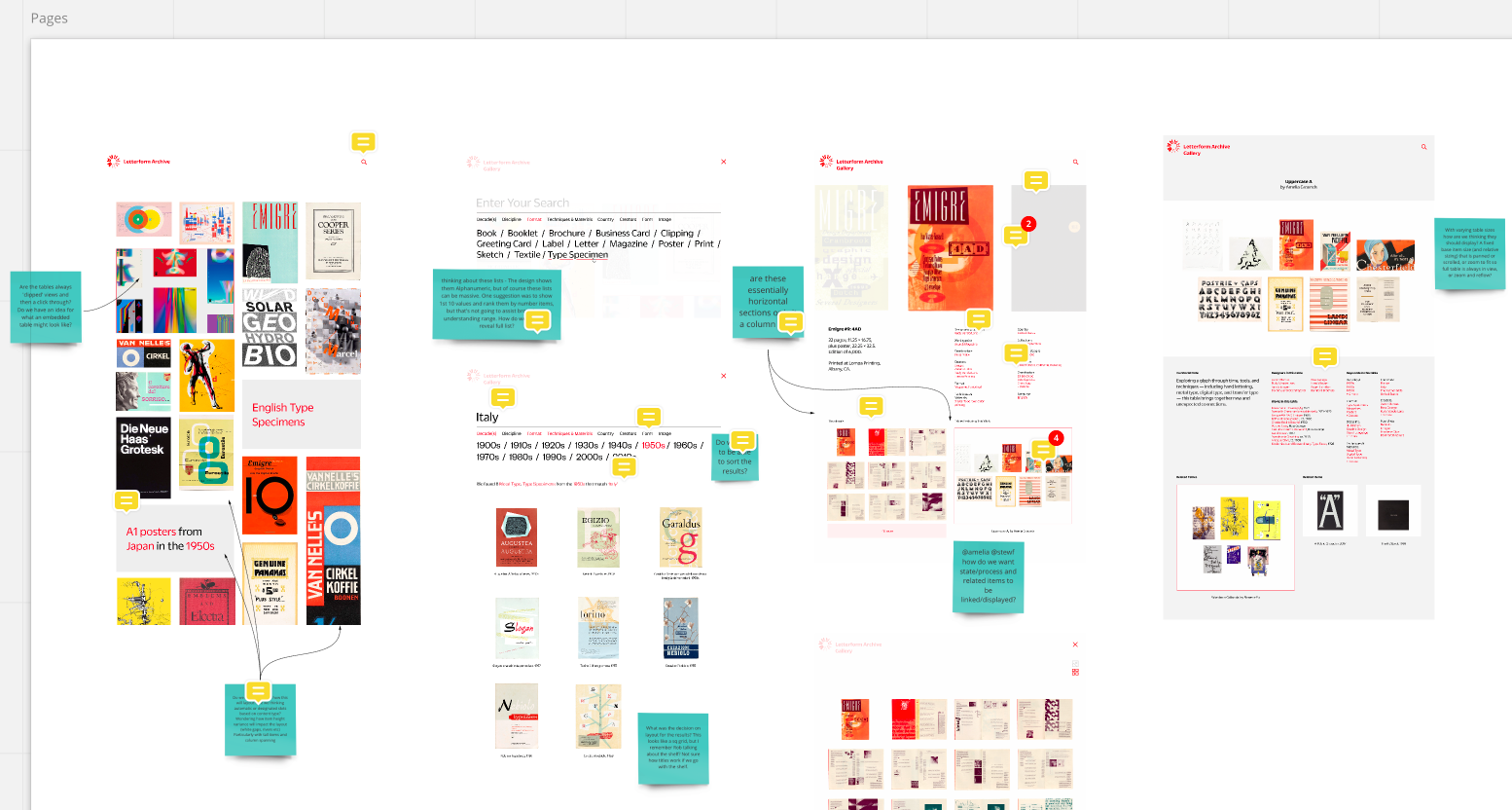 Collaborative design workshop board showing grouped arrangements of books, posters, and archival objects with sticky note annotations, used to explore how items should be organized, scaled, and presented in the collection grid.